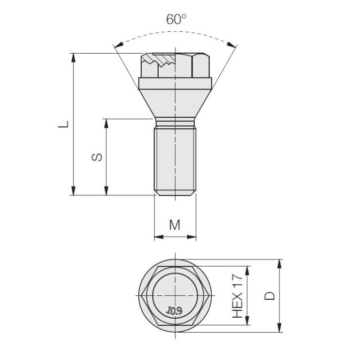 M12 x 1.75, Tapered Seat, 17 Hex, Short/H, Galv