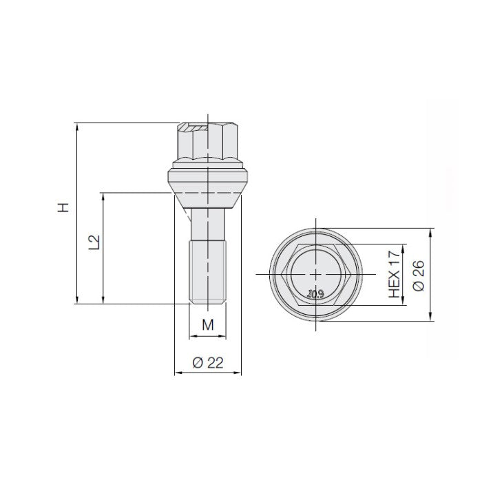 M12 x 1.25, 60° Taper, Vari Bolt (wobble), 17 Hex, Galv