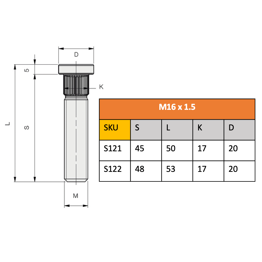 Splined Stud, M16 x 1.5, Galv